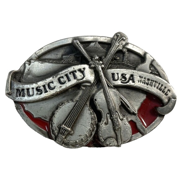 Vintage Belt Buckle Nashville Music City USA, Banjo Fiddle, by Siskiyou 1984 - Picture 1 of 5